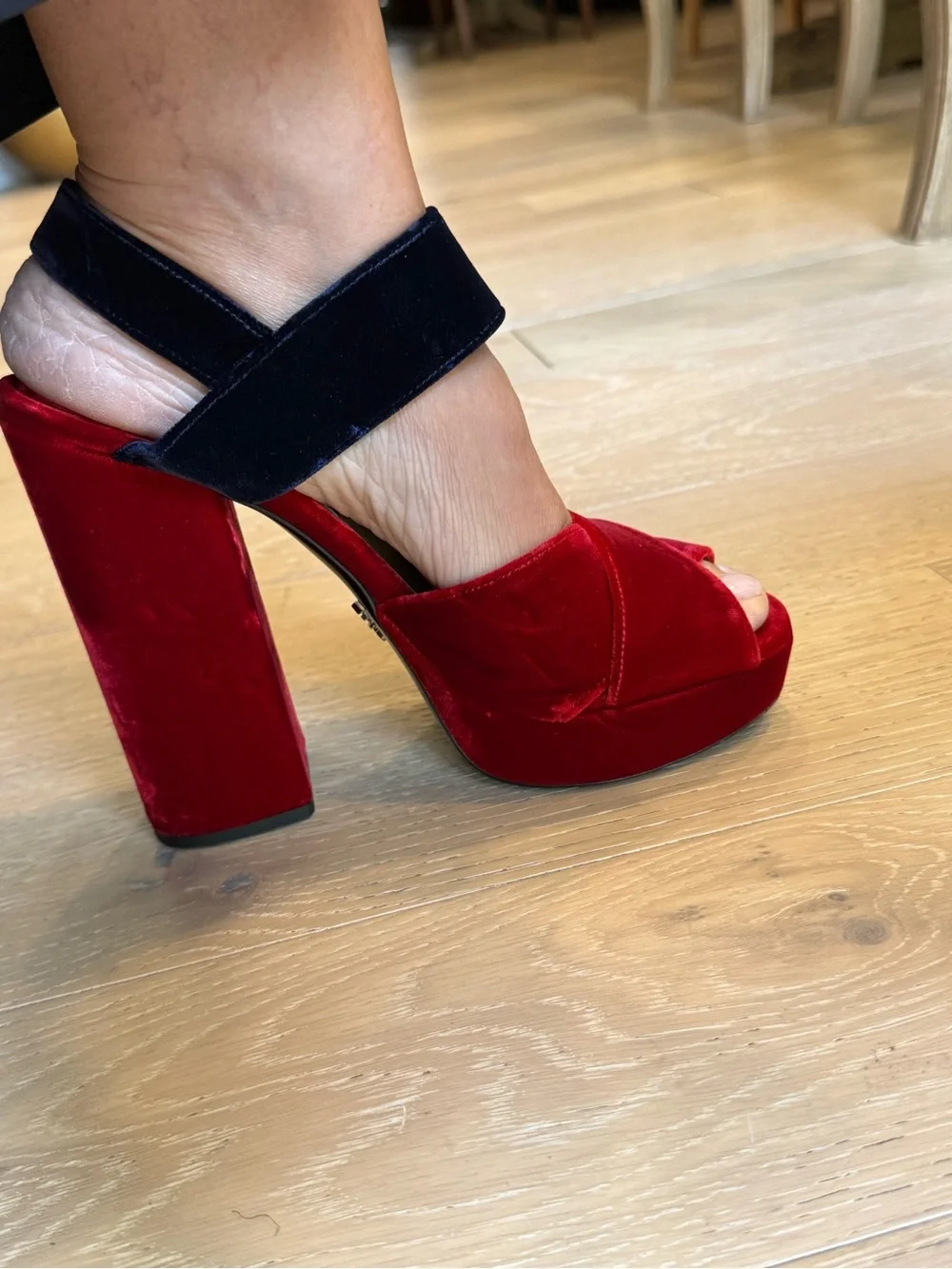 Prada Red Velvet Platform Sandal with Navy Ankle Strap - Picture 10 of 11